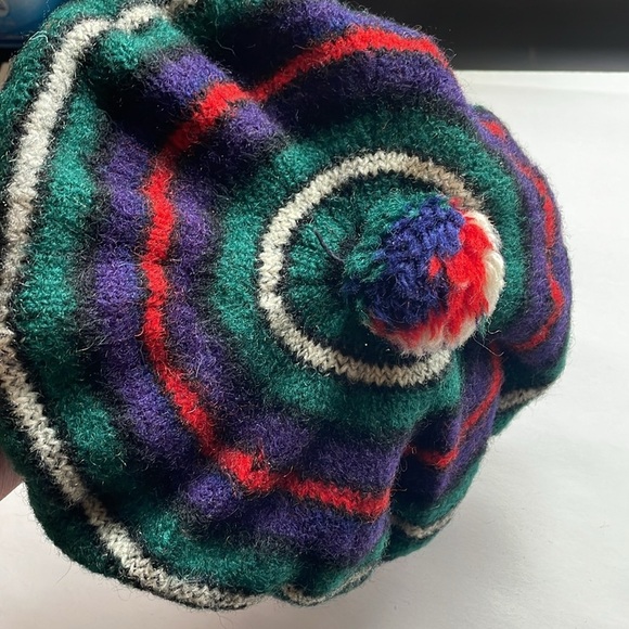 VTG Striped Knit Tam Beret Green Wool Pom Scotland MacKenzie Hat Cap Stripe Navy - Picture 13 of 16